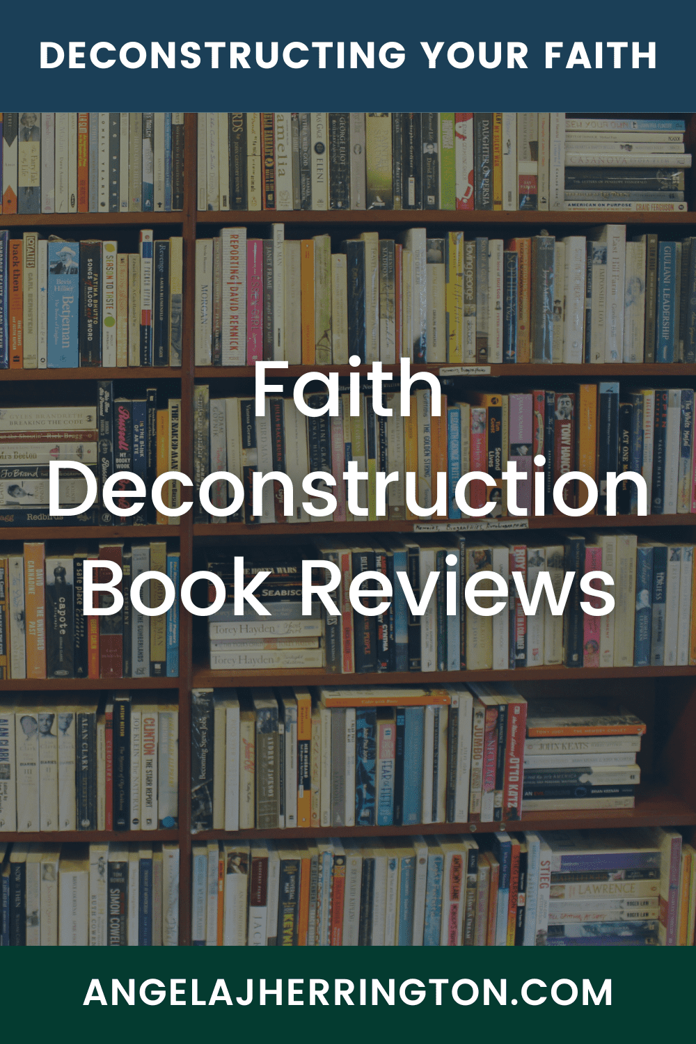 Faith Deconstruction Book Reviews written on a background of book shelves full of books.